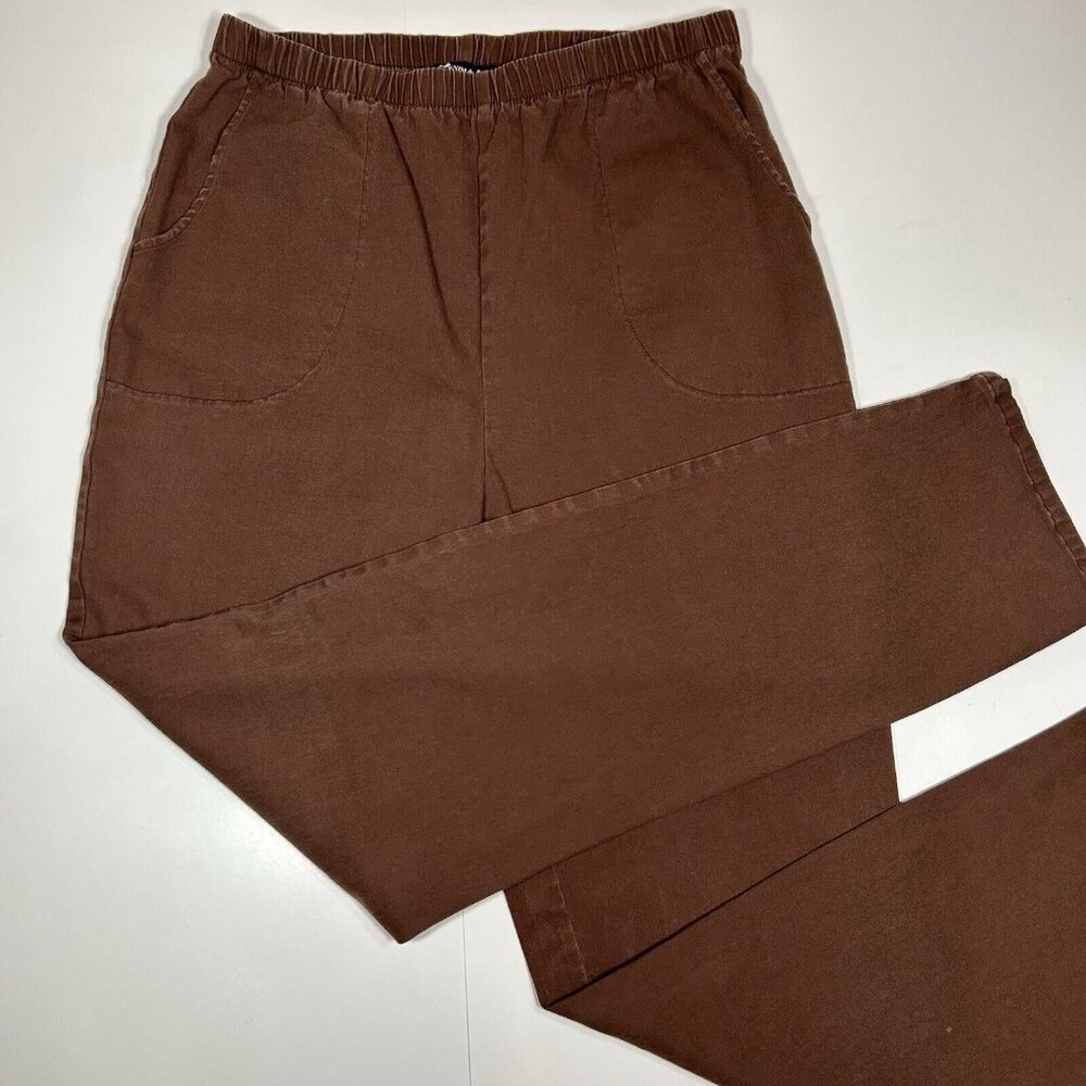 Vtg Denim & Co High Waisted Brown Pants Pull On Elastic Waist Tapered Sz TL USA
